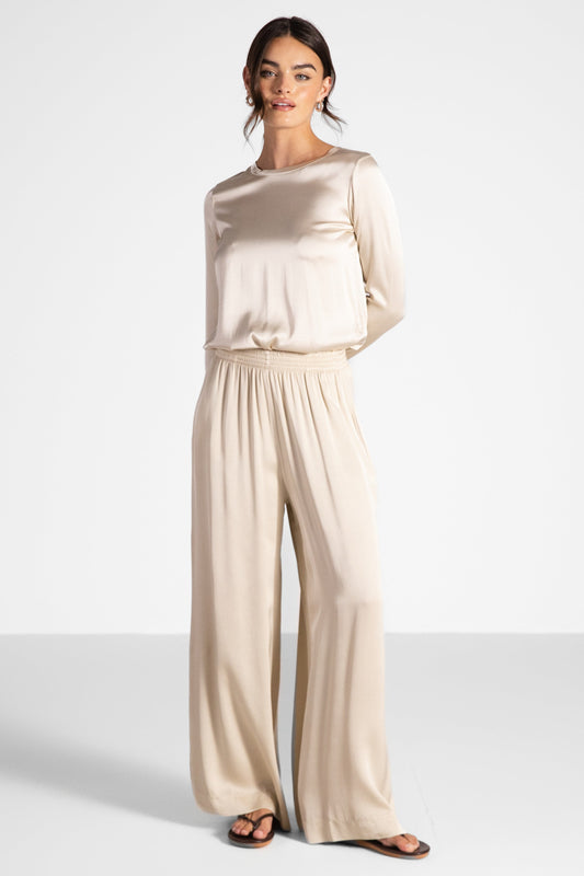 Daisy Elastic Waist Satin Pants | Cream