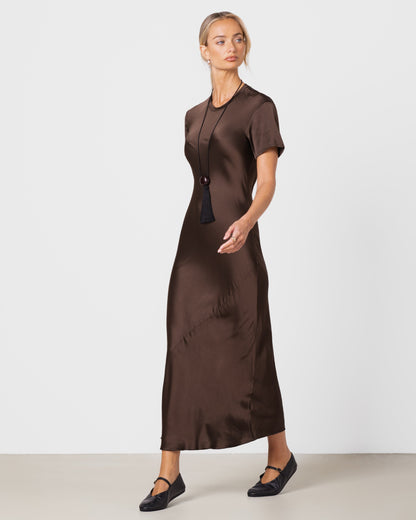 Saskia Short Sleeve Satin Dress | Chocolate Brown