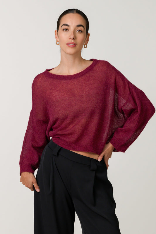 Willow Boxy Sheer Sweater | Burgundy | Alpaca Blend