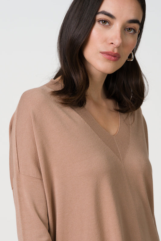 Layla V Neck Sweater | Chestnut Brown | Fine Knit