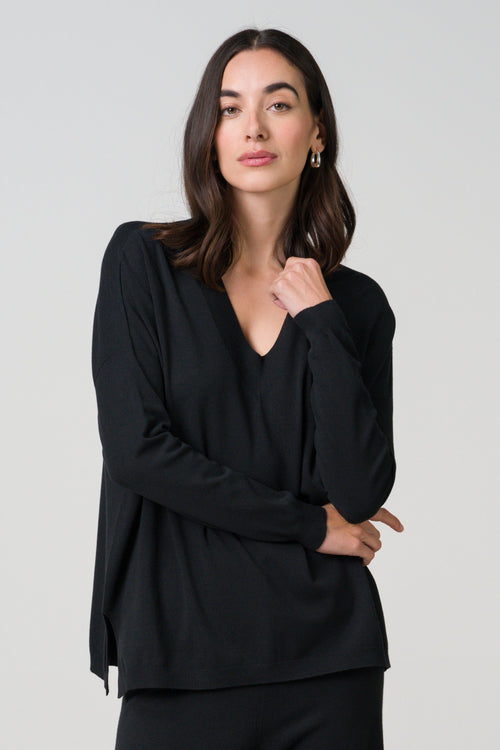 Layla V Neck Sweater | Black | Fine Knit