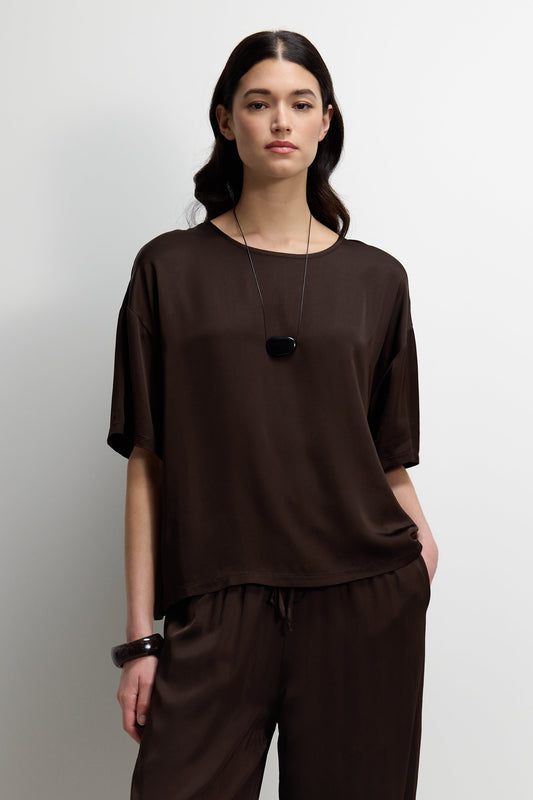 Mila Back Slit Satin Top | Espresso Brown