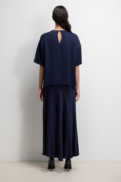 Mila Back Slit Satin Top | Navy