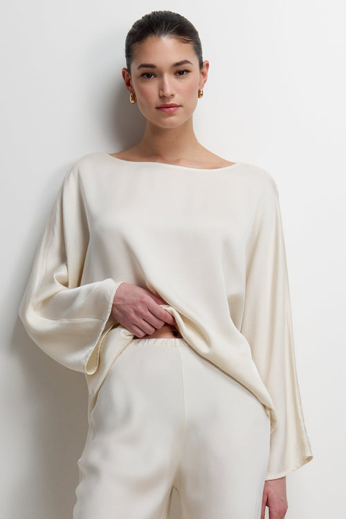 Arlet Wide Sleeve Boatneck Satin Top | Ivory