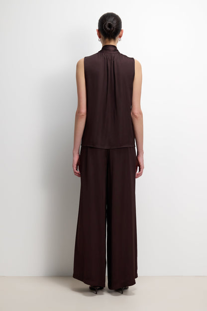 Arden Pleated Elastic Waist Satin Trousers | Espresso Brown Moire