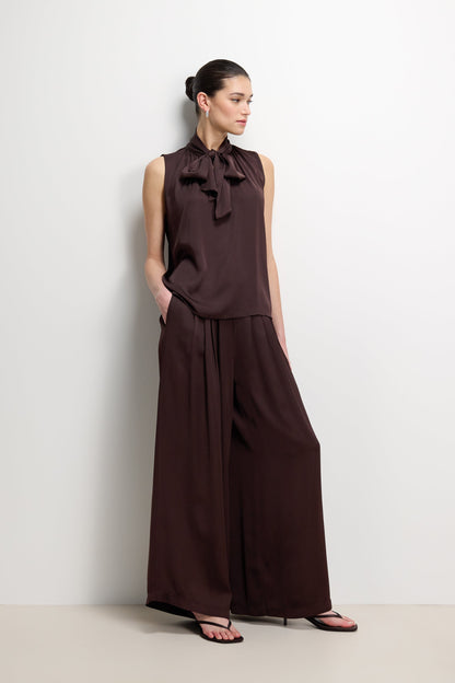 Lyanne Bow Neck Tie Satin Blouse | Espresso Brown Moire