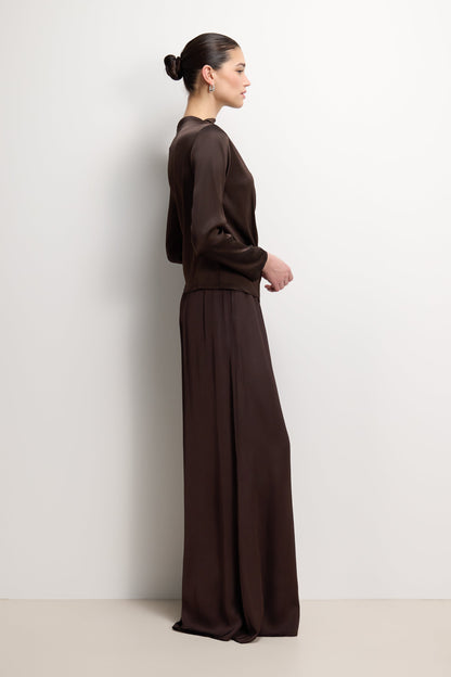 Helena Elastic Waist Satin Trousers | Espresso Brown