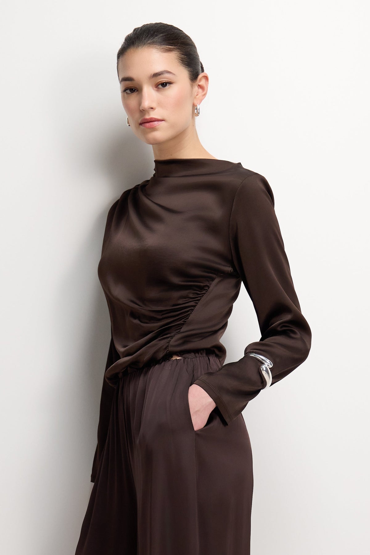 Helena Elastic Waist Satin Trousers | Espresso Brown