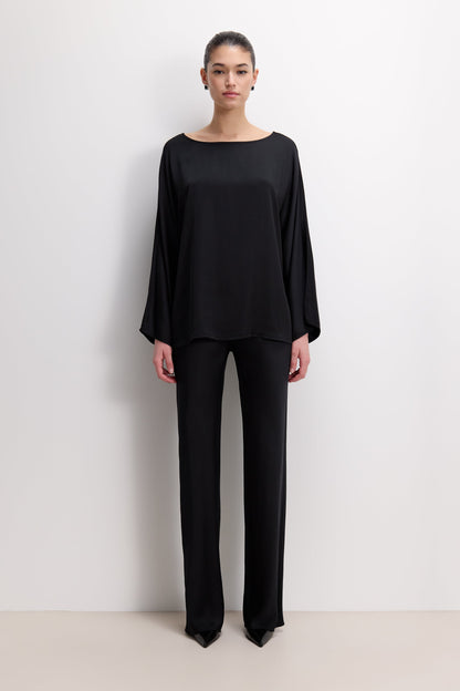 Arlet Wide Sleeve Boatneck Satin Top | Black