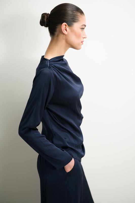 Allegra Asymmetric Long Sleeve Top | Navy