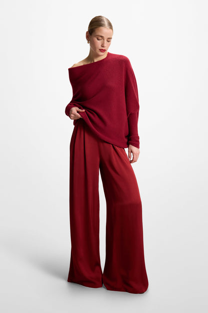 Claudia Elastic Waist Satin Trousers | Carmine