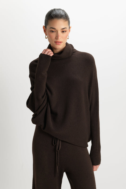 Asymmetric Draped Roll Neck | Espresso Brown | Seamless Knit
