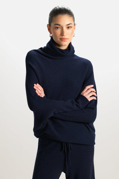 Asymmetric Draped Roll Neck | Navy | Seamless Knit