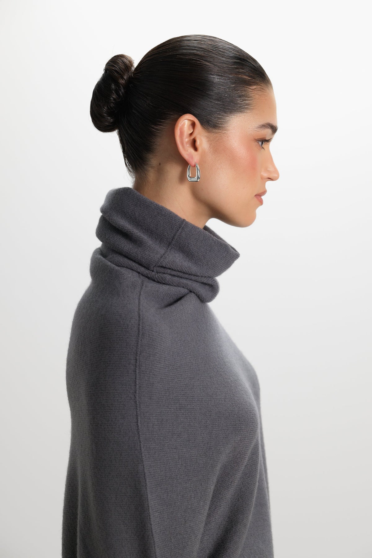 Asymmetric Draped Roll Neck | Charcoal | Seamless Knit