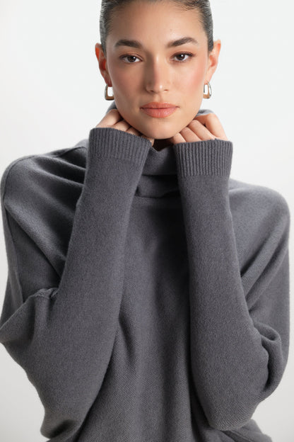Asymmetric Draped Roll Neck | Charcoal | Seamless Knit