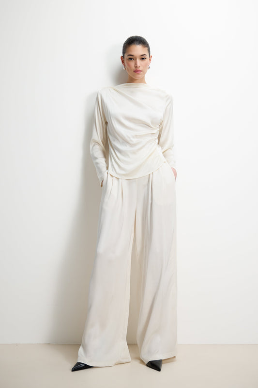 Claudia Elastic Waist Satin Trousers | Ivory