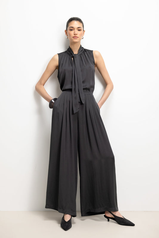Arden Pleated Elastic Waist Satin Trousers | Anthracite