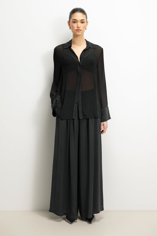 Arden Pleated Elastic Waist Satin Trousers | Black