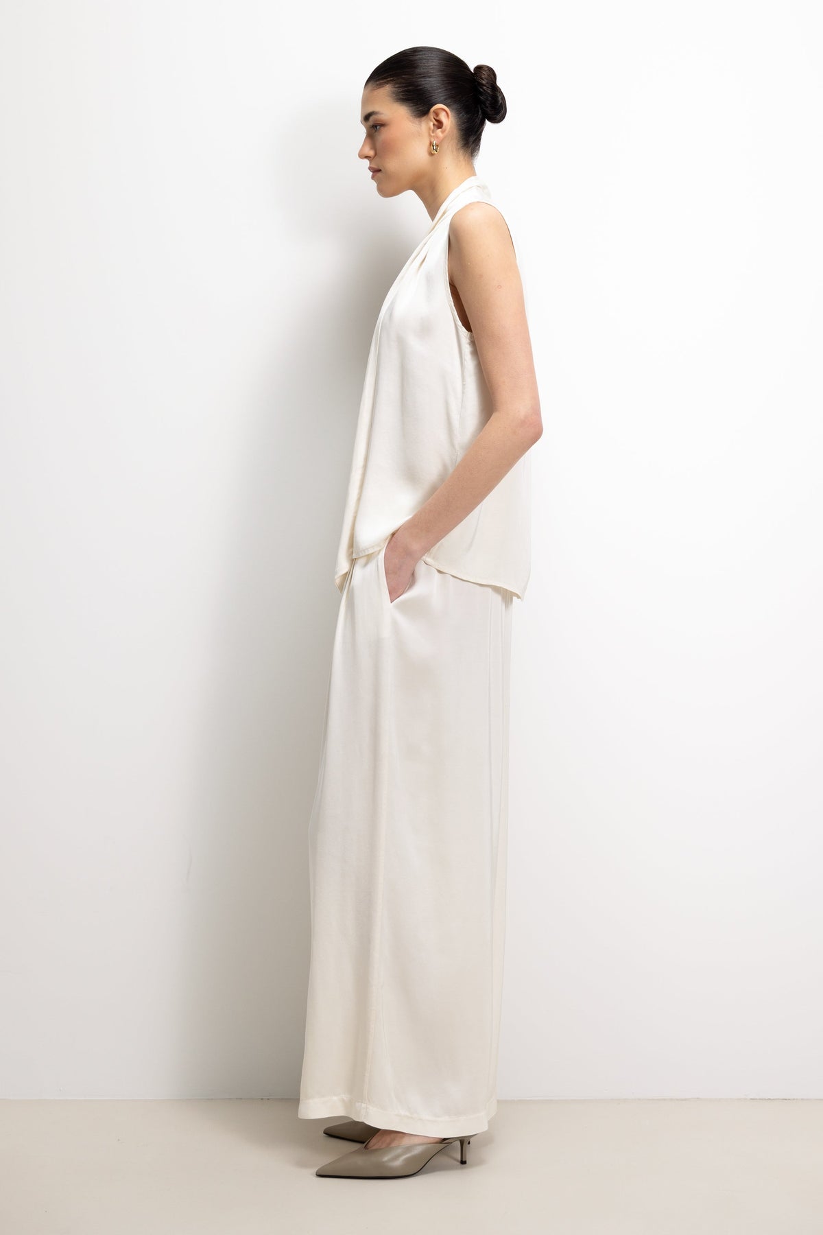 Arden Pleated Elastic Waist Satin Trousers | Ivory