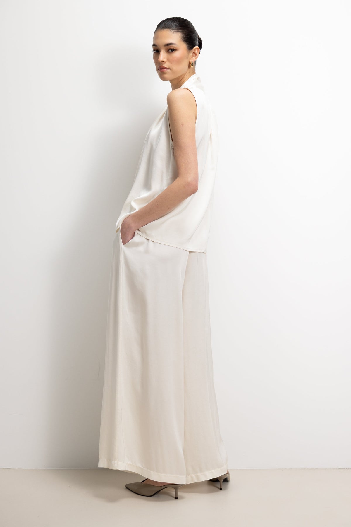 Arden Pleated Elastic Waist Satin Trousers | Ivory