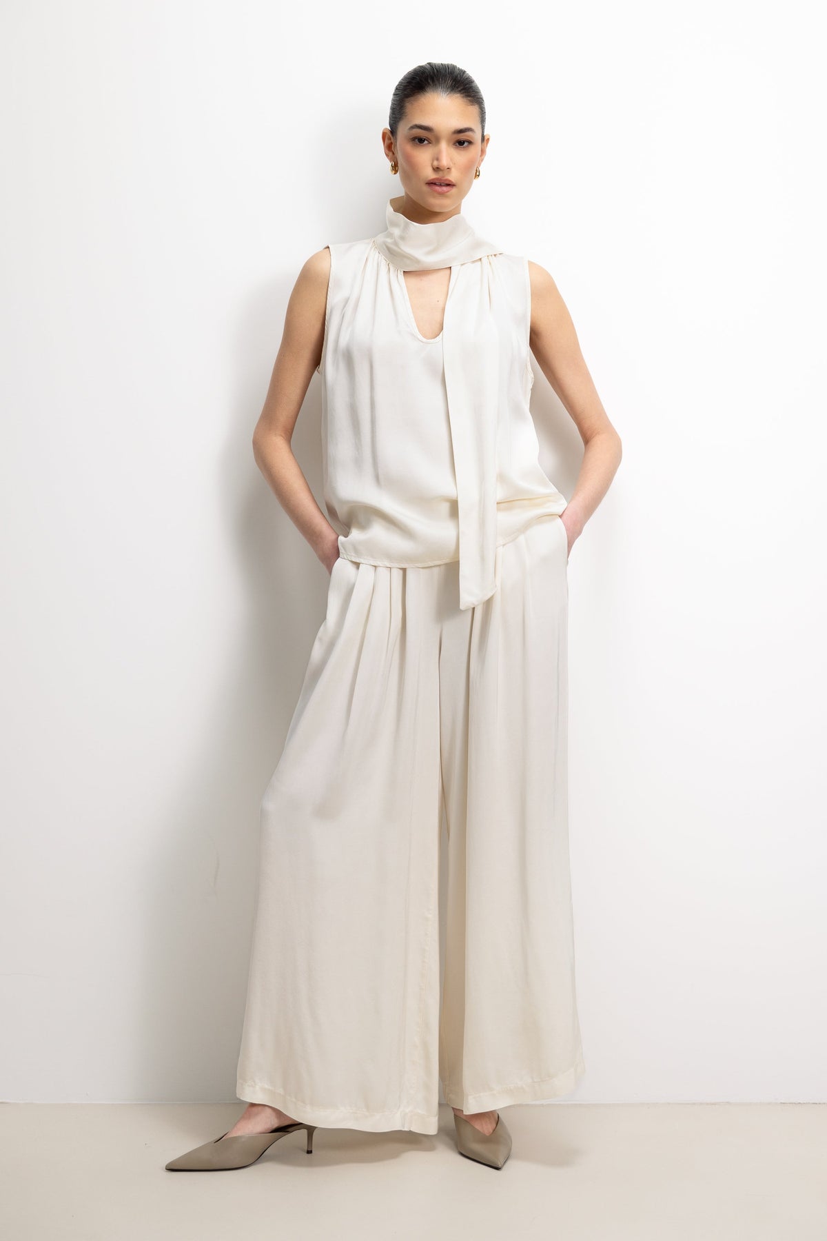 Arden Pleated Elastic Waist Satin Trousers | Ivory