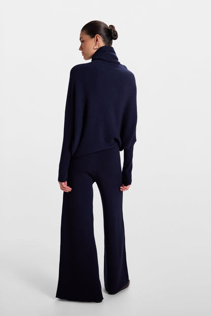 Asymmetric Draped Roll Neck | Navy | Seamless Knit