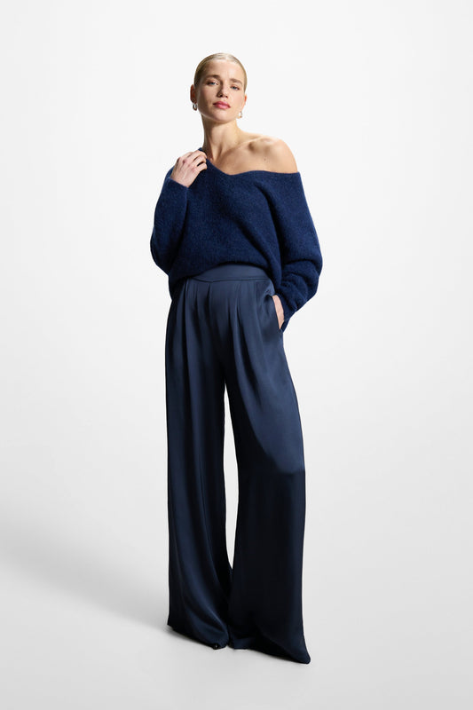 Claudia Elastic Waist Satin Trousers | Ink