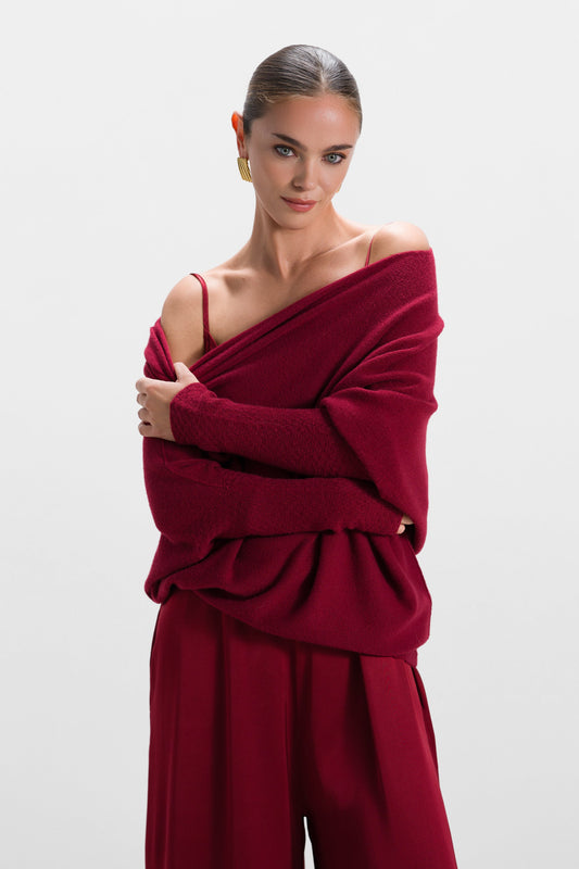 Asymmetric Draped | Carmine Red | Seamless Knit