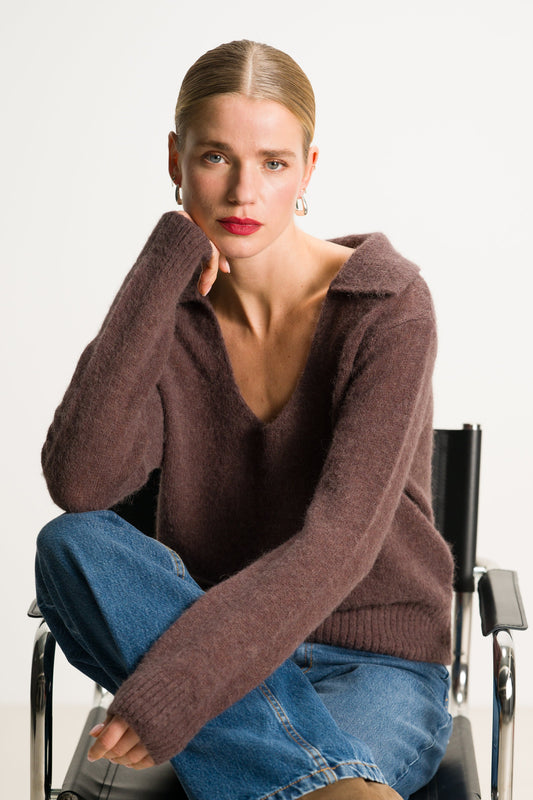 Noor Open Neck Sweater | Chocolate Brown | Alpaca Blend