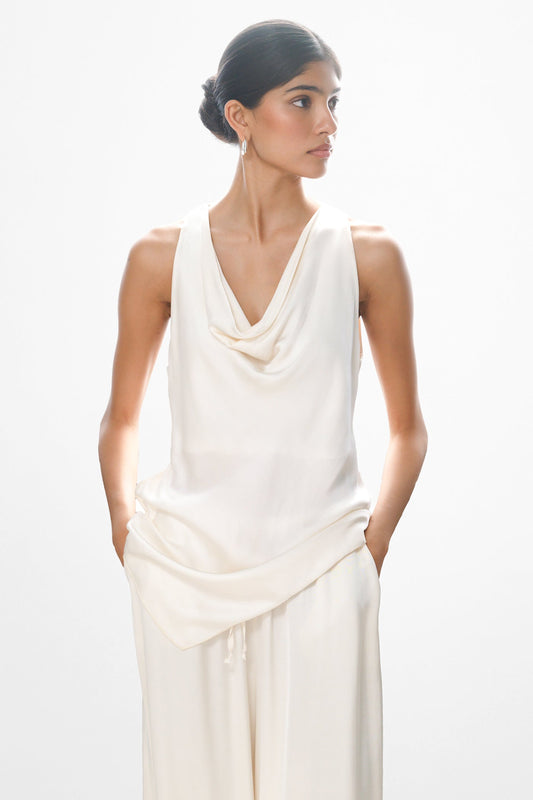 Les Asymmetric Cowl Neck Satin Top | Ivory