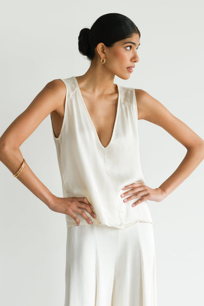 Gigi V Neck Sheer Back Satin Top | Ivory