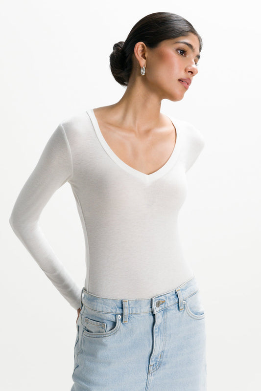 Sylvie V Neck Featherweight Top | White | Modal-Silk