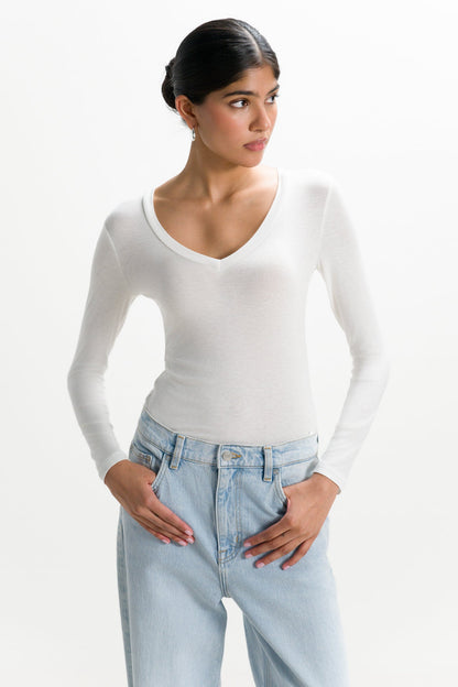 Sylvie V Neck Featherweight Top | White | Modal-Silk