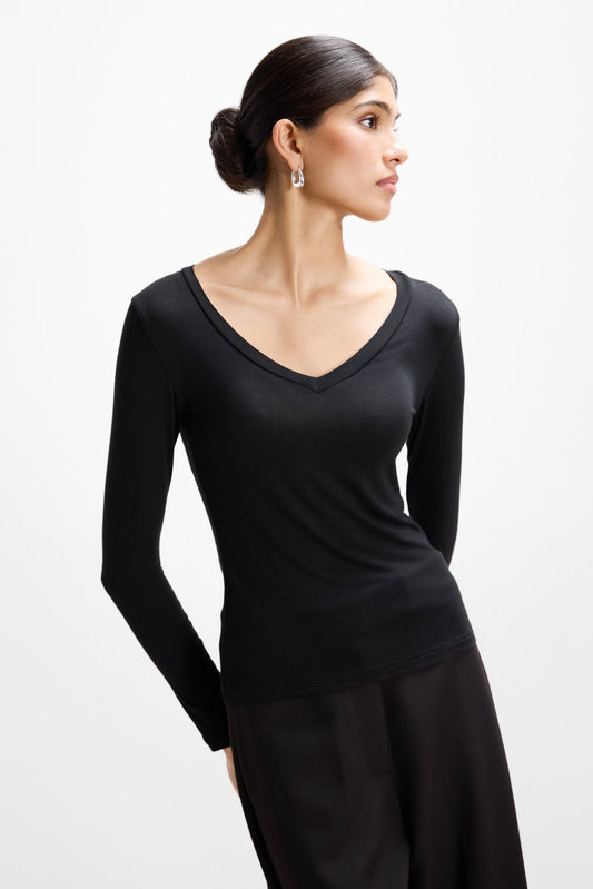 Sylvie V Neck Featherweight Top | Black | Modal-Silk