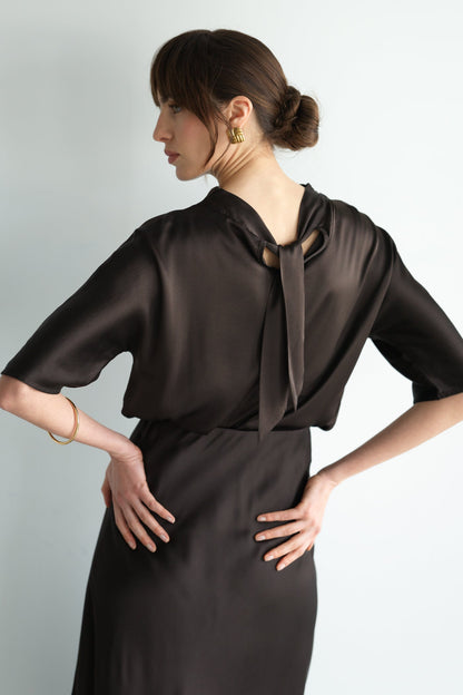 Genevieve Back Tie Satin Top | Espresso Brown