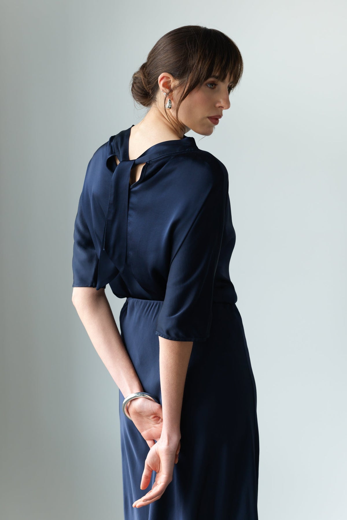 Genevieve Back Tie Satin Top | Navy