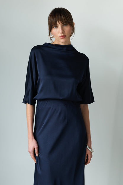 Camilla Bias Satin Skirt | Navy