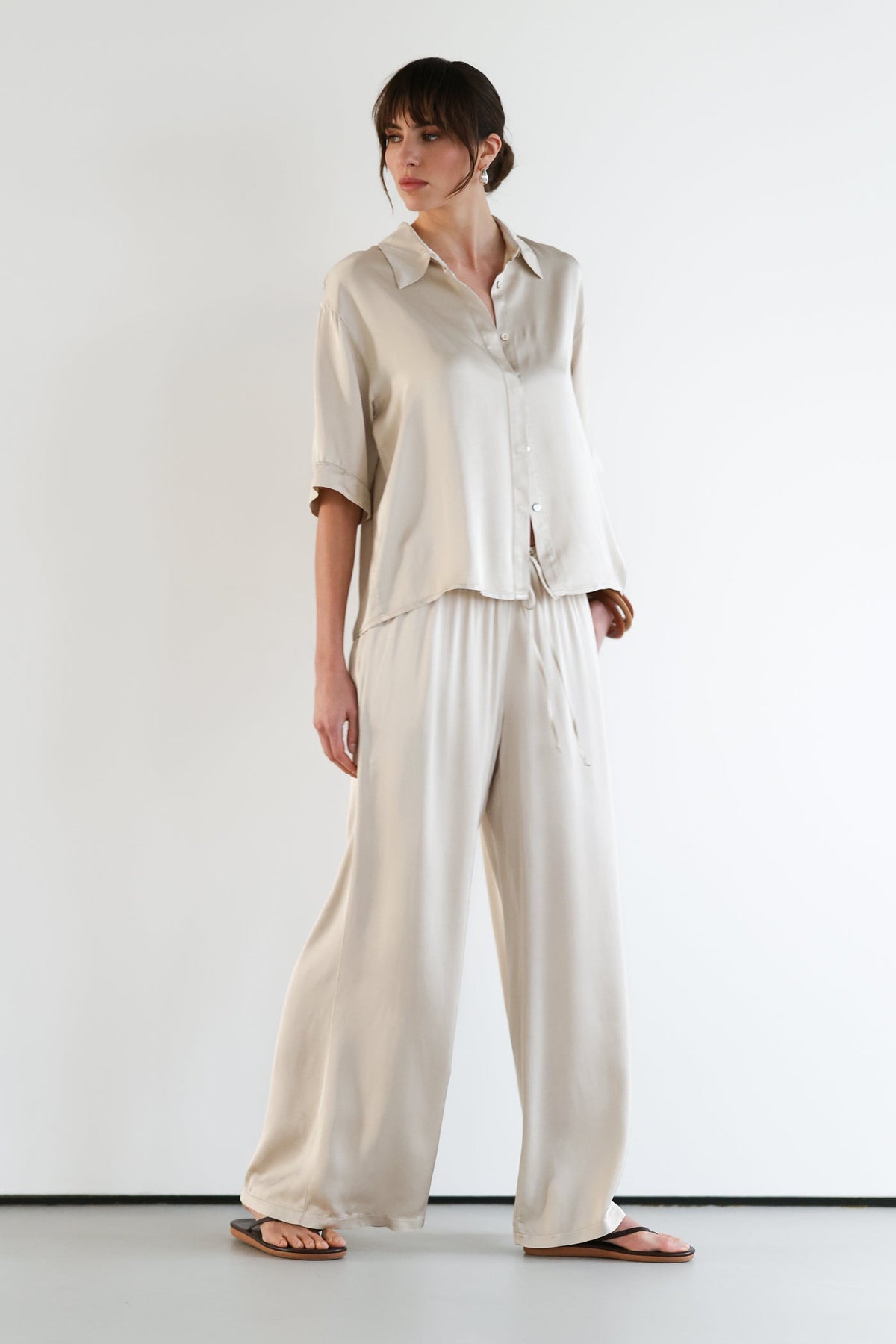 Nora Drawstring Satin Pants | Light Beige