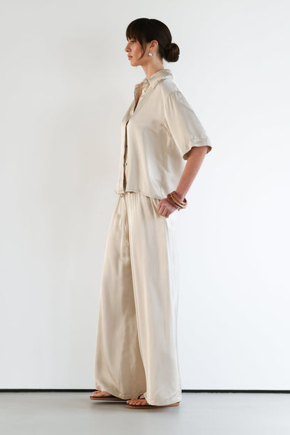 Nora Drawstring Satin Pants | Light Beige