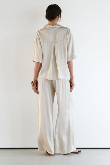 Nora Drawstring Satin Pants | Light Beige