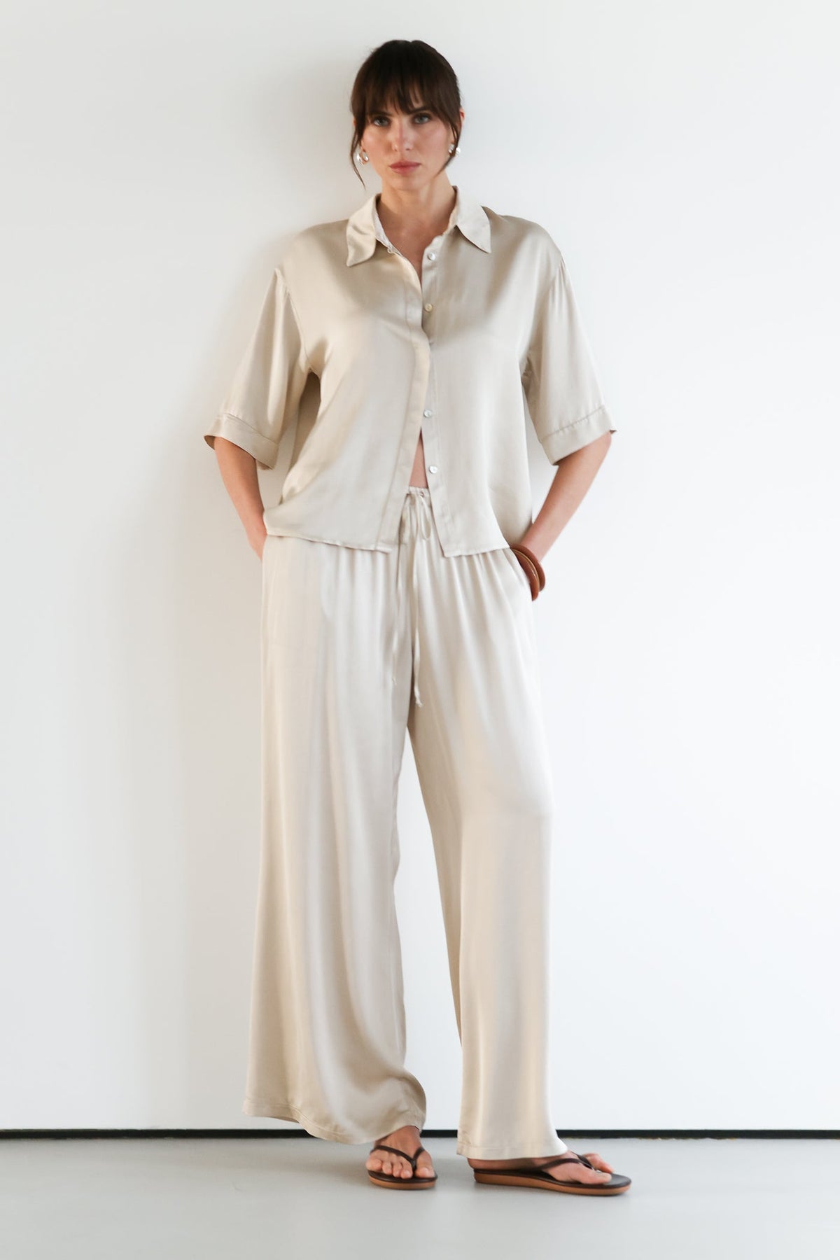 Nora Drawstring Satin Pants | Light Beige