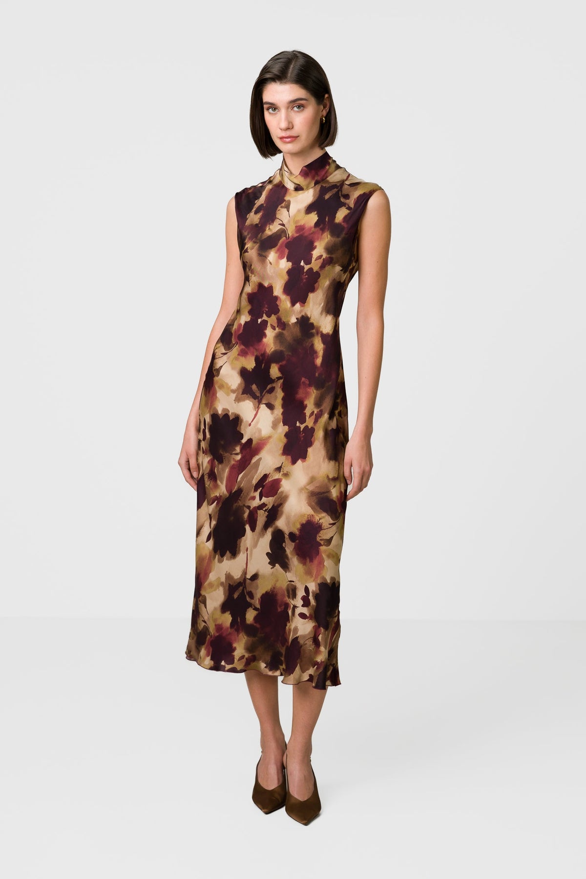 Selena Halterneck Satin Midi Dress | Plum Floral