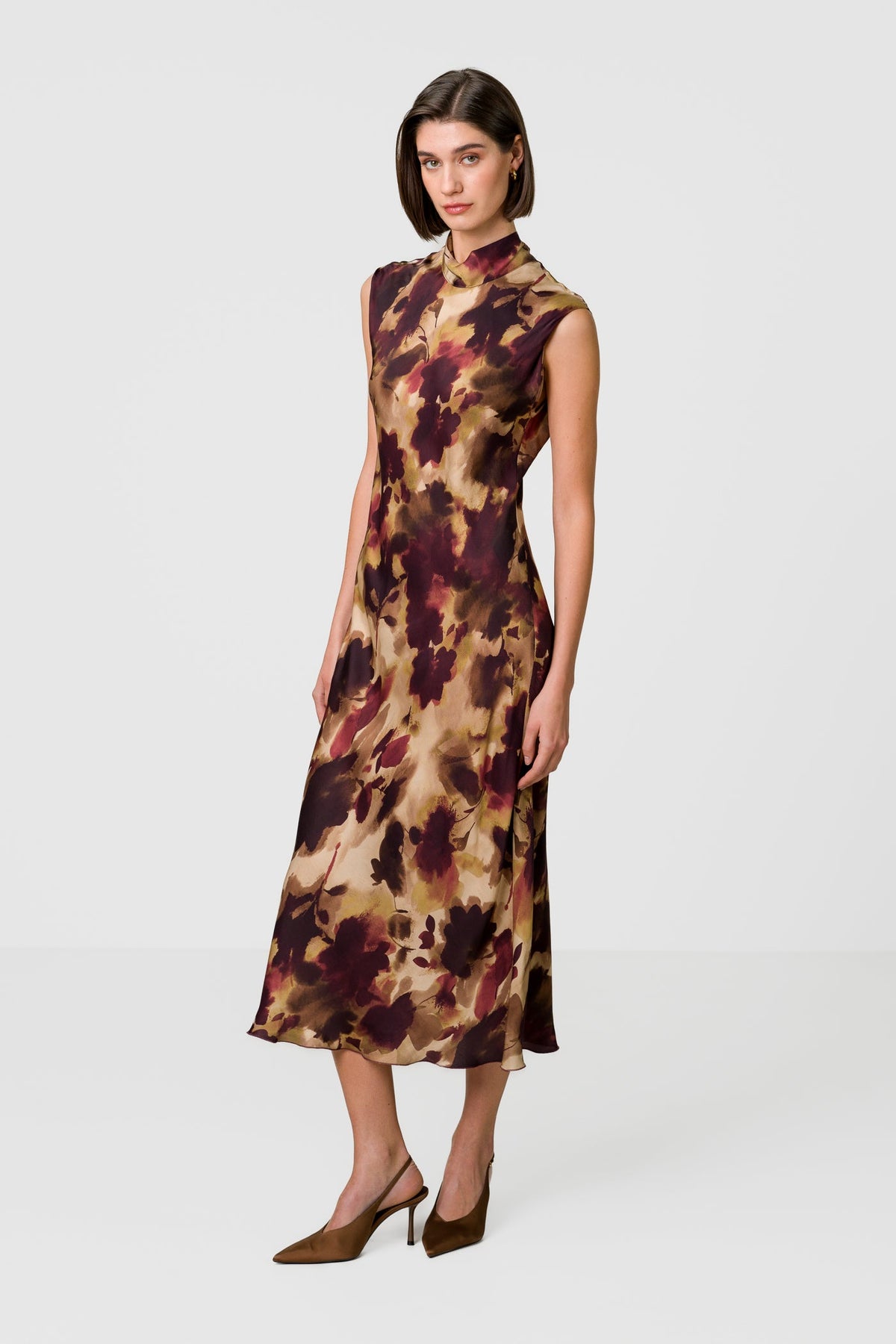Selena Halterneck Satin Midi Dress | Plum Floral