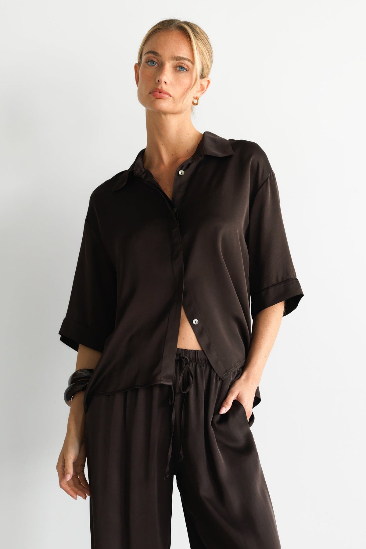 Rhea Satin Shirt | Espresso Brown