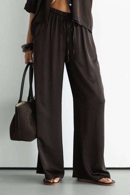 Nora Drawstring Satin Pants | Espresso Brown