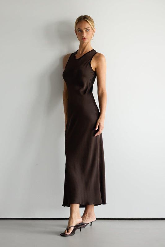 Sabrina Sleeveless Satin Dress | Espresso Brown