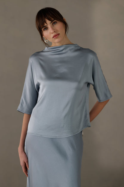 Genevieve Back Tie Satin Top | Dusty Blue