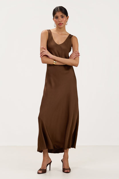 Liora Satin Maxi Dress | Chocolate Brown