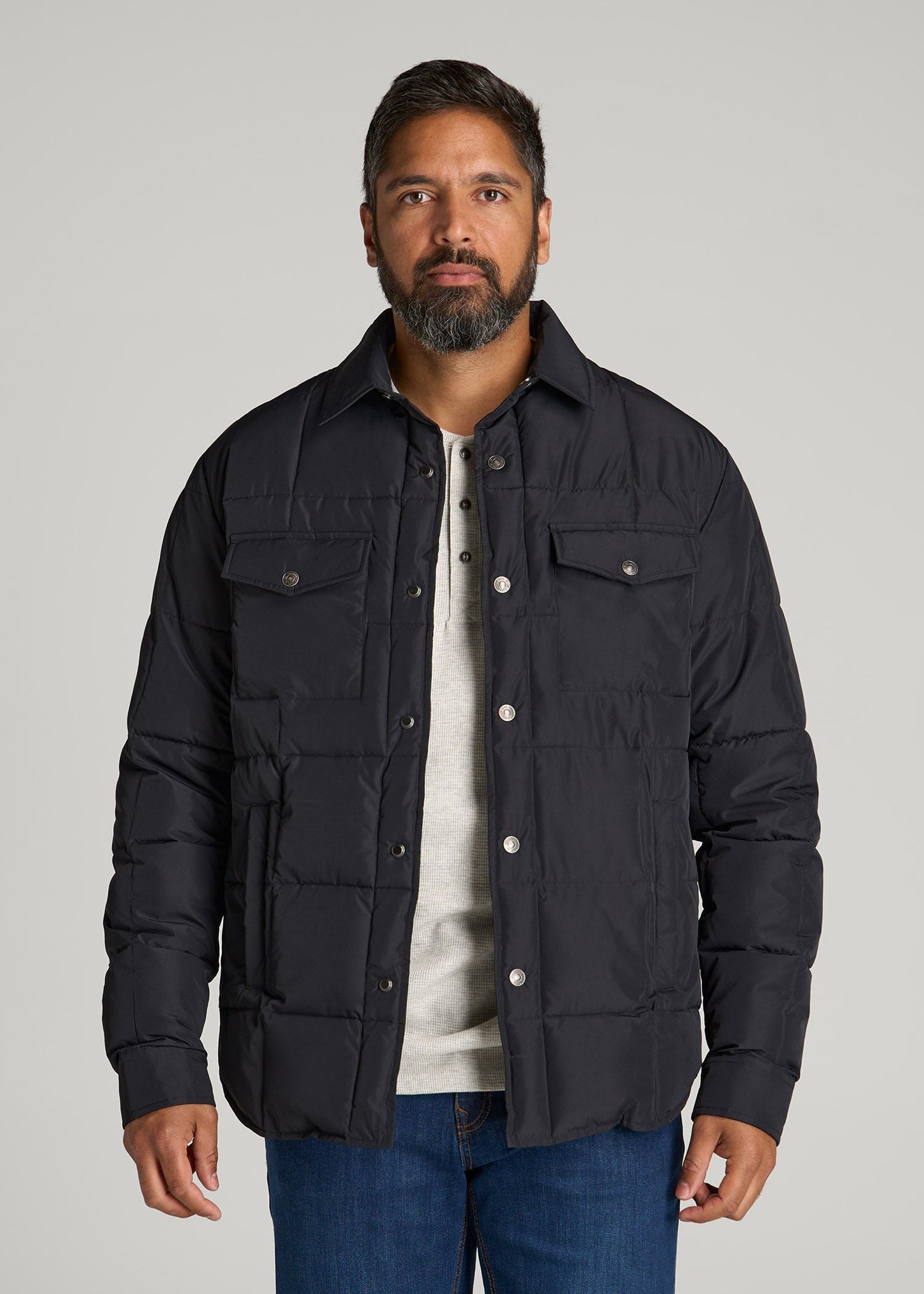 LJ&S Puffer Shirt Jacket for Tall Men in Black