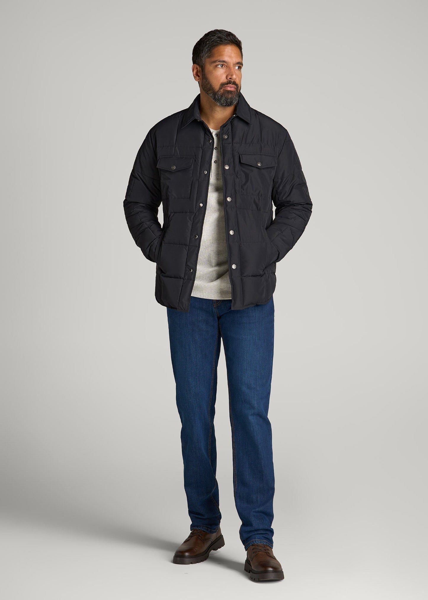 LJ&S Puffer Shirt Jacket for Tall Men in Black
